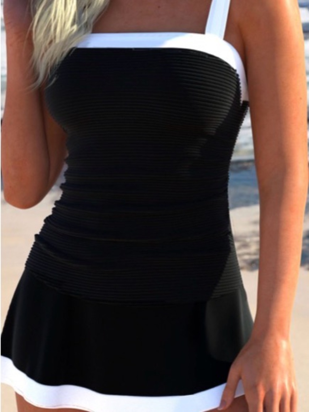 Black and White Tankini with swim skirt bathing suit